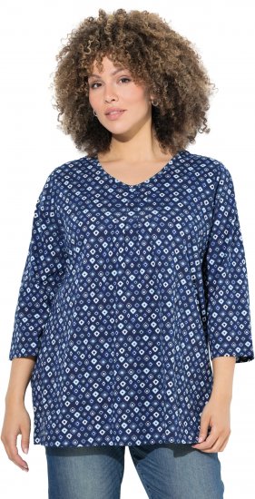 Ulla Popken Graphic Print Pleated 3/4 Sleeve Tee Blue - T-skjorter - 