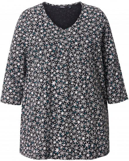 Ulla Popken Snowflake Print 3/4 Sleeve Tee Black - T-skjorter - 