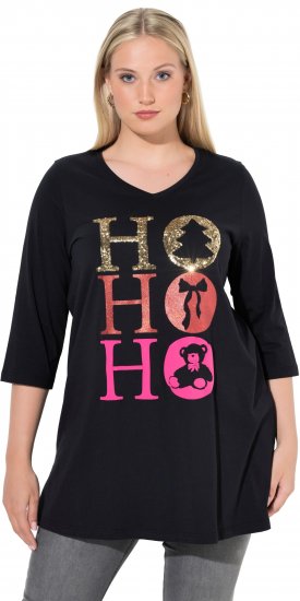 Ulla Popken Ho Ho Ho 3/4 Sleeve Graphic Tunic Tee Black - T-skjorter - 
