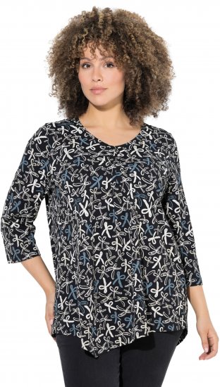 Ulla Popken Ribbon Print 3/4 Sleeve Asymmetric Tee Black - Trykket T-skjorter for dame - 