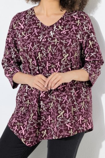 Ulla Popken Ribbon Print 3/4 Sleeve Asymmetric Tee Plum - Trykket T-skjorter for dame - T-skjorter med trykk for dame