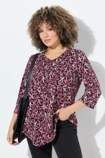 Ulla Popken Ribbon Print 3/4 Sleeve Asymmetric Tee Plum - Trykket T-skjorter for dame - T-skjorter med trykk for dame