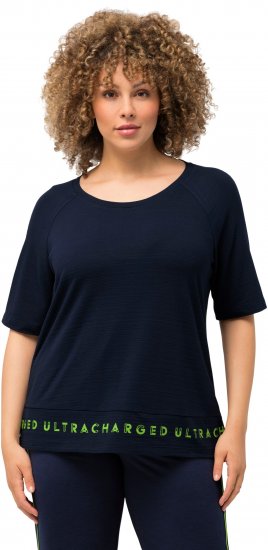 Ulla Popken Classic Fit Half-Sleeve Crew Neck T-shirt With Hem Inscription Navy Blue - Trykket T-skjorter for dame - 