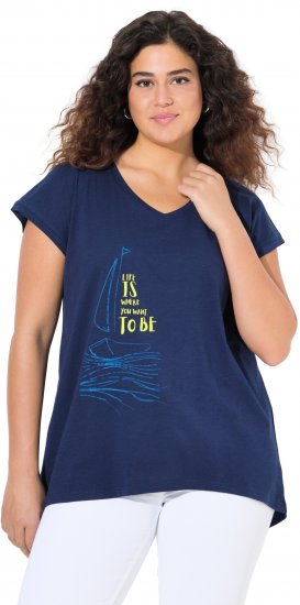 Ulla Popken Half-Sleeve A-line V-Neck Boat Pattern T-Shirt Ink Blue - Trykket T-skjorter for dame - 