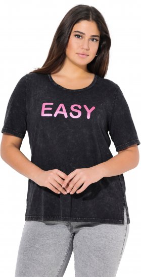 Ulla Popken Easy Short Sleeve Acid Wash Graphic Tee Black - Trykket T-skjorter for dame - 