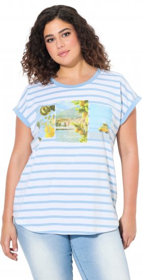 Ulla Popken Striped Short Sleeve Citrus Graphic Tee Light Blue - Trykket T-skjorter for dame - 