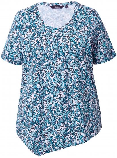 Ulla Popken Floral Pointed Hem Short Sleeve Tee Deep Aqua - Trykket T-skjorter for dame - 