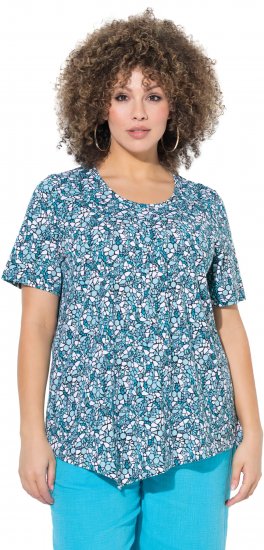 Ulla Popken Floral Pointed Hem Short Sleeve Tee Deep Aqua - Trykket T-skjorter for dame - 