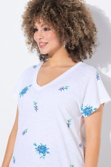 Ulla Popken Cross Stitch Short Sleeve Tee Snow White - Trykket T-skjorter for dame - T-skjorter med trykk for dame