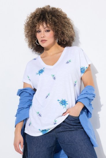 Ulla Popken Cross Stitch Short Sleeve Tee Snow White - Trykket T-skjorter for dame - T-skjorter med trykk for dame