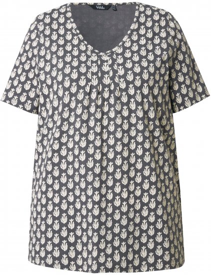 Ulla Popken Cactus Print Short Sleeve V-Neck Tee Graphite Grey - Trykket T-skjorter for dame - 