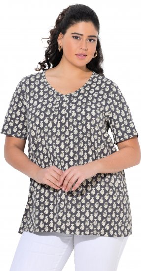 Ulla Popken Cactus Print Short Sleeve V-Neck Tee Graphite Grey - Trykket T-skjorter for dame - 