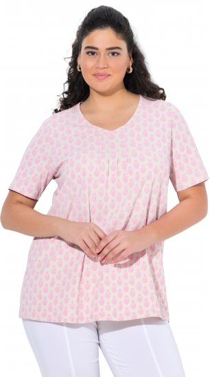 Ulla Popken Cactus Print Short Sleeve V-Neck Tee Pink - Trykket T-skjorter for dame - 