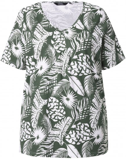 Ulla Popken Feather Print Short Sleeve V-Neck Tee Olive Grey - Trykket T-skjorter for dame - 