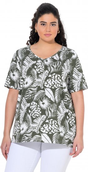 Ulla Popken Feather Print Short Sleeve V-Neck Tee Olive Grey - Trykket T-skjorter for dame - 