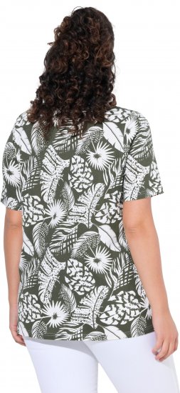 Ulla Popken Feather Print Short Sleeve V-Neck Tee Olive Grey - Trykket T-skjorter for dame - 