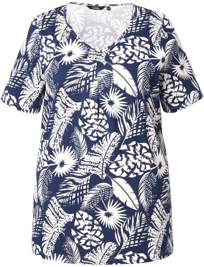 Ulla Popken Feather Print Short Sleeve V-Neck Tee Ink Blue - Trykket T-skjorter for dame - 