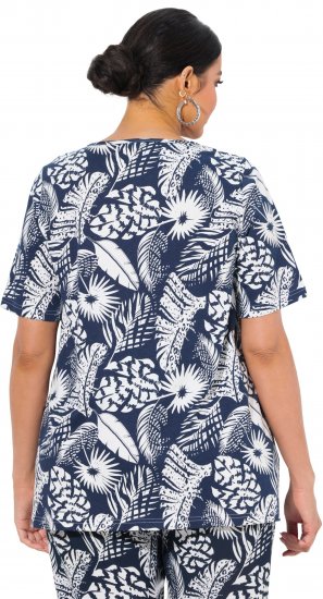 Ulla Popken Feather Print Short Sleeve V-Neck Tee Ink Blue - Trykket T-skjorter for dame - 