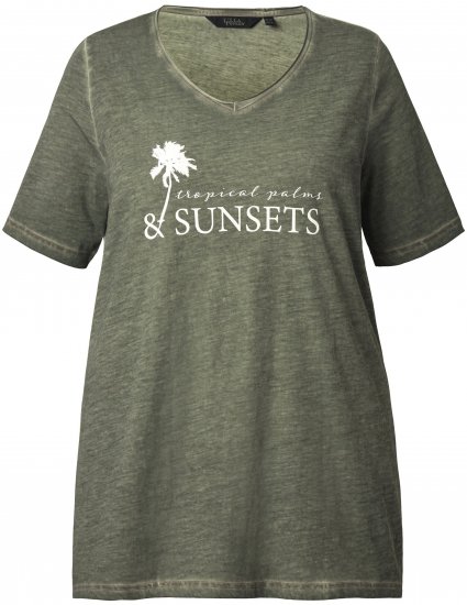 Ulla Popken Sunset Lettering Short Sleeve Graphic Tee Olive - Trykket T-skjorter for dame - 