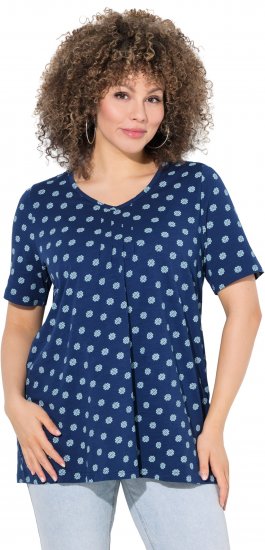 Ulla Popken Tile Print Short Sleeve Pleated Tee Dark Blue - Trykket T-skjorter for dame - 