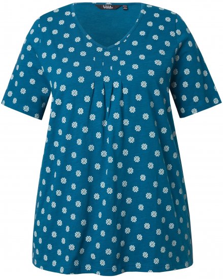 Ulla Popken Tile Print Short Sleeve Pleated Tee Teal - Trykket T-skjorter for dame - 