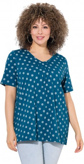 Ulla Popken Tile Print Short Sleeve Pleated Tee Teal - Trykket T-skjorter for dame - 
