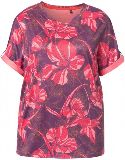 Ulla Popken Quick Drying Flower Print Short Sleeve Tee Dark Cherry - Trykket T-skjorter for dame - 