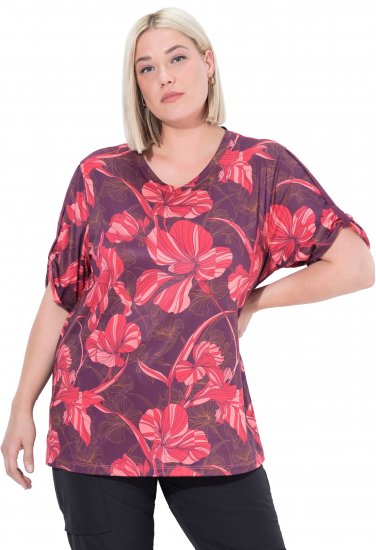 Ulla Popken Quick Drying Flower Print Short Sleeve Tee Dark Cherry - Trykket T-skjorter for dame - 