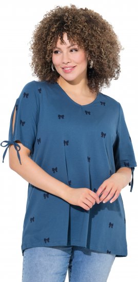Ulla Popken Bow Print Split Sleeve Tee Indigo Denim - Trykket T-skjorter for dame - 
