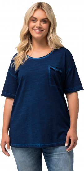 Ulla Popken Cold Dye Ruffle Edge Pocket Tee Dark Blue - T-skjorter - 