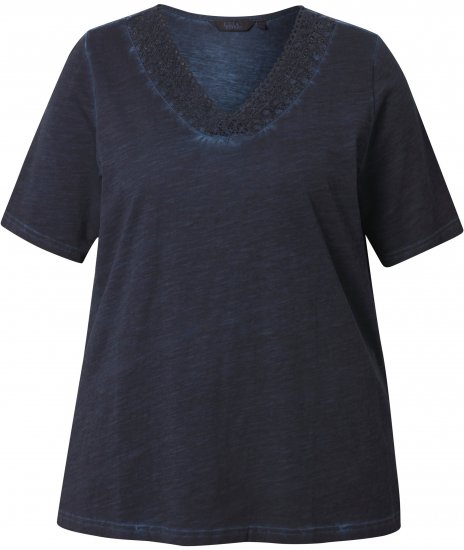 Ulla Popken Lace Trim Short Sleeve Tee Navy Blue - T-skjorter - 
