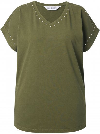 Ulla Popken Oversized studded Acid-washed V-Neck T-shirt Palm Green - T-skjorter - 