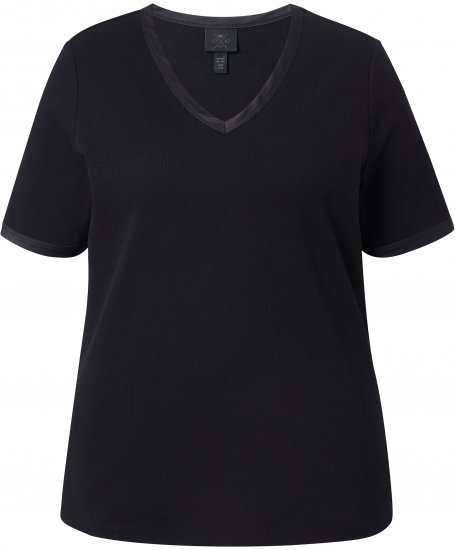 Ulla Popken Satin Trimmed Ribbed Jersey Short Sleeve T-Shirt Black - T-skjorter - 