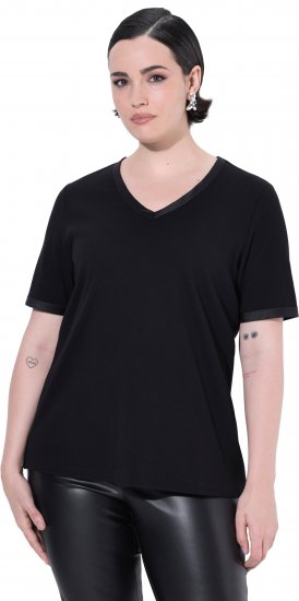 Ulla Popken Satin Trimmed Ribbed Jersey Short Sleeve T-Shirt Black - T-skjorter - 