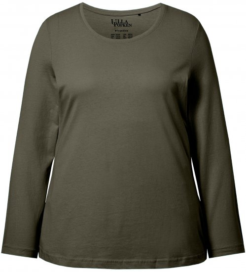 Ulla Popken Basic Round Neck Long Sleeve Slim Fit Cotton Tee Olive - T-skjorter - 