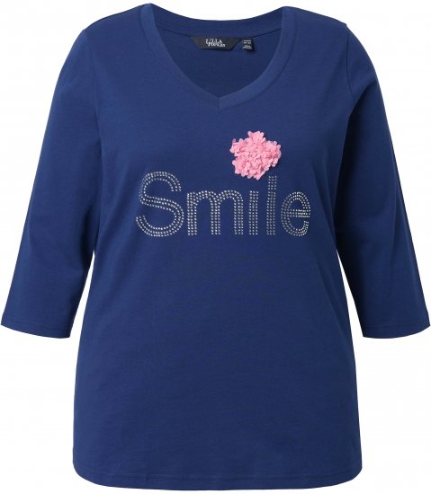 Ulla Popken Smile Rhinestone 3/4 Sleeve Graphic Tee Ink Blue - Trykket T-skjorter for dame - 