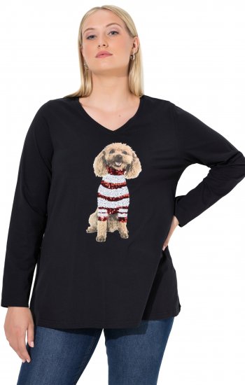Ulla Popken Sequined Puppy Long Sleeve Graphic Tee Black - Trykket T-skjorter for dame - 