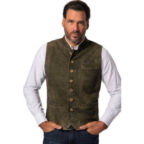 jP1880 Finest Goat Suede Traditional Vest Dark Brown - Trachten & Oktoberfest - Oktoberfestklær i store størrelser (Trachten)