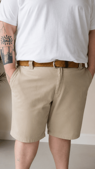 Kam Jeans 3402 Belted Dobby Weave Stretch Chino Shorts Beige - Shorts - Store shorts - W40-W60
